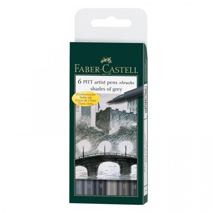 Набор капиллярных ручек Faber-Castell "Pitt Artist Pen Brush" оттенки серого 6шт. пластик. уп.167104