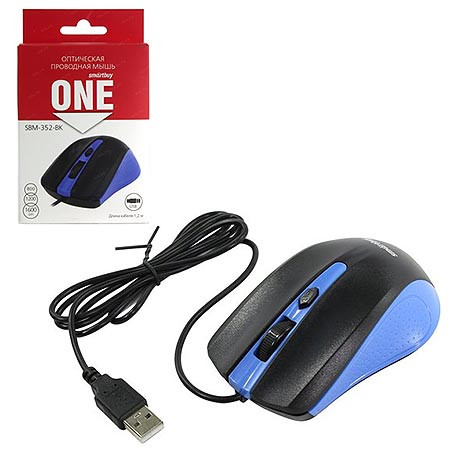 Мышь " SmartBuy " 352 One проводная оптическая, 4 кнопки, черная син, 1600 DPI  SBM-352-BK