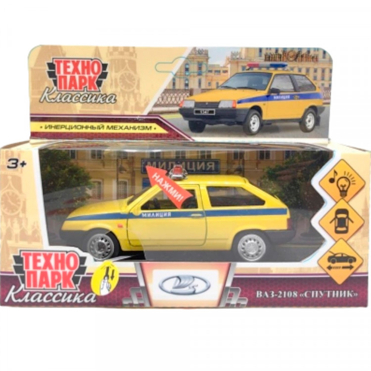 Модель металл LADA-2108 "СПУТНИК" ПОЛИЦИЯ 12 см Технопарк 2108-12-SLPOL-YE