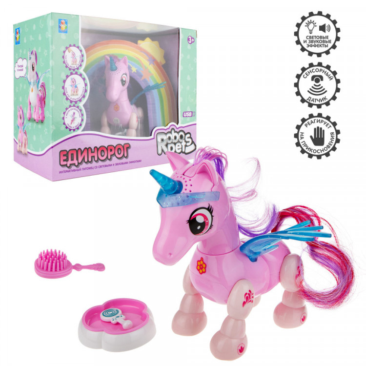 Интерактивная игрушка Робо-единорог розовый, свет,звук, движение, USB зарядка 16803